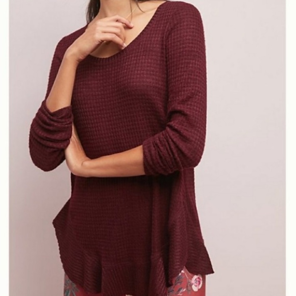 Anthropologie Saturday Sunday Wendy Waffle Knit Thermal Top Ruffle Wrap Back